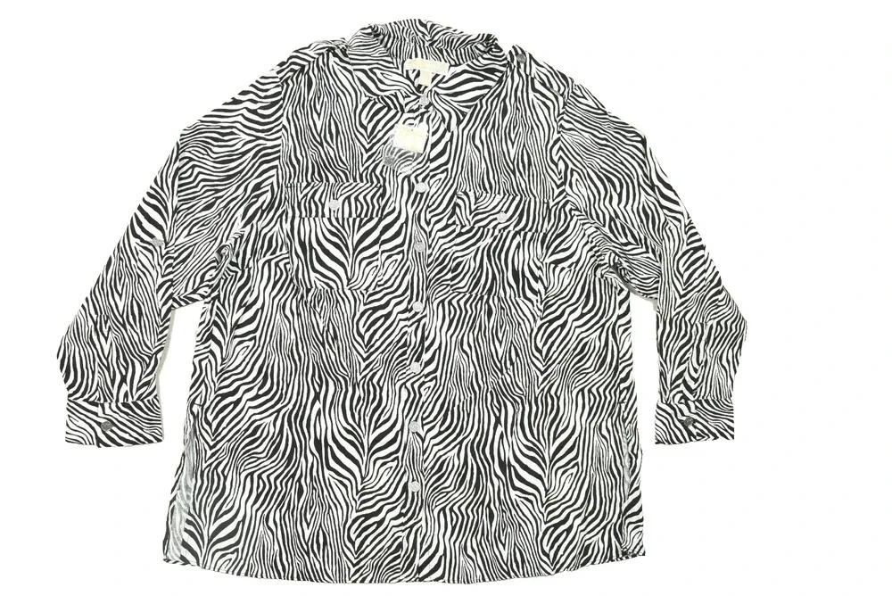 Michael Kors Women's 2X Zebra Print Linen Viscose Button Up Blouse Long Sleeve B